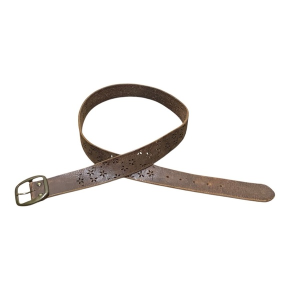 Men’s Vintage Italian Leather Wide Belt With Floral Cutouts Sz 40-42 - Picture 2 of 4